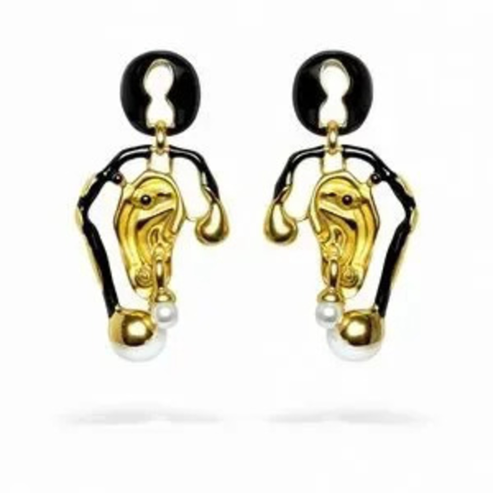 Avant-garde Gold and Black Earrings with Pearl Accents